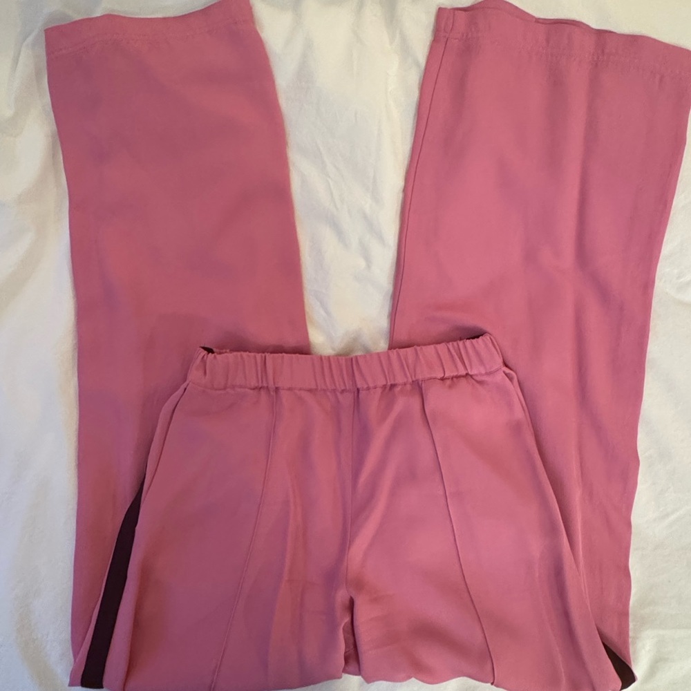 Serena Bute London Pink Wide-Leg Pants with Burgundy Strip
